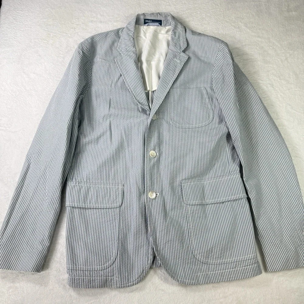 Vintage Polo Ralph Lauren Seersucker Blazer Sport Jacket Coat 42R Men Custom Fit